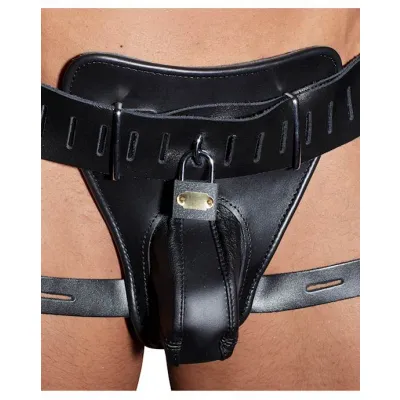 Leather Mens Chastity String Black S m