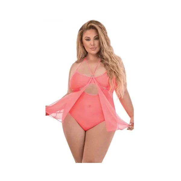 Magic Silk Forever Mesh Crotchless Babydoll Teddy Coral Queen
