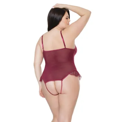 Plus Size Frilly Merlot Crotchless Teddy