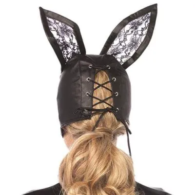 Faux Leather Bunny Mask With Lace Ears Black