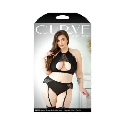 Fantasy Lingerie Curve Sadie Halter Bralette With Keyhole Cutout Matching Gartered High Waisted Panty