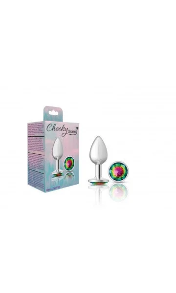 Cheeky Charms Silver Metal Butt Plug with Rainbow Gem