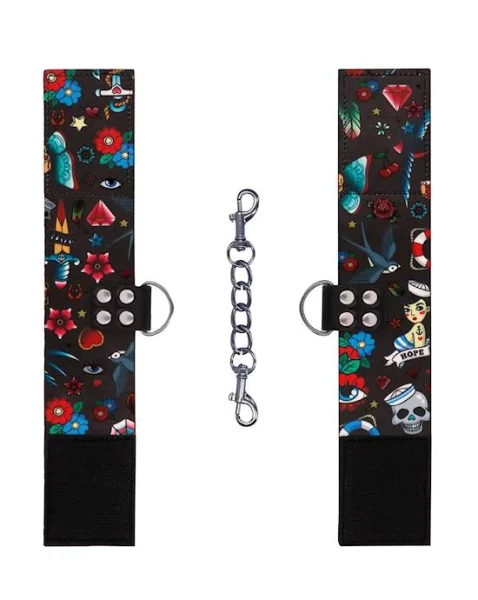 Printed Ankle Cuffs - Old School Tattoo Style   - Black - O/s