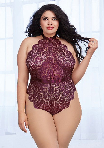 Queen Size Eyelash Lace Teddy - Mulberry - Erotic Female Underwear