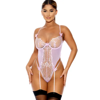 Forplay Flutter By Lilac Embroidered Teddy with Attached Garters