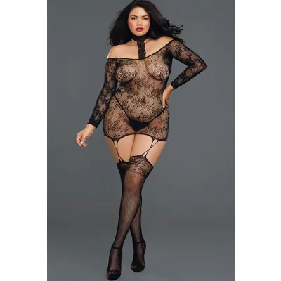 New Wave Off Shoulder Bodystocking Dress With Thigh Highs By Dreamgirl