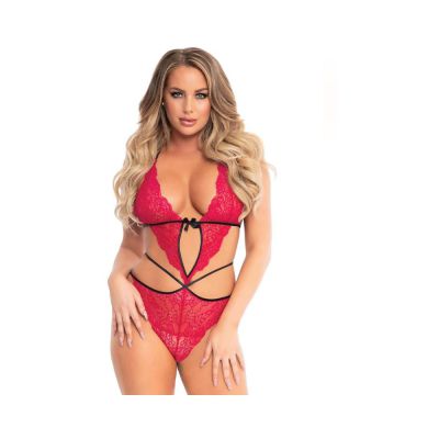 Scalloped Lace Teddy W cross Straps And Panty M l Fuchsia