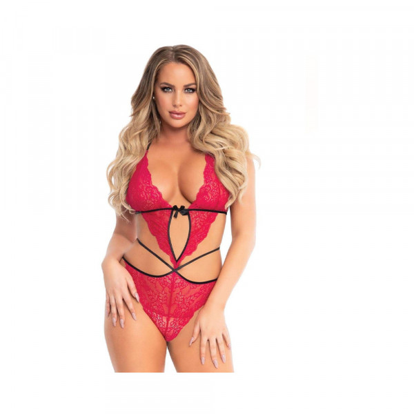 Scalloped Lace Teddy W/cross Straps And Panty M/l Fuchsia