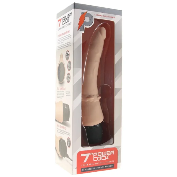Powercocks Slim Anal Realistic Silicone Waterproof Rechargeable 7" Vibrator - Vanilla