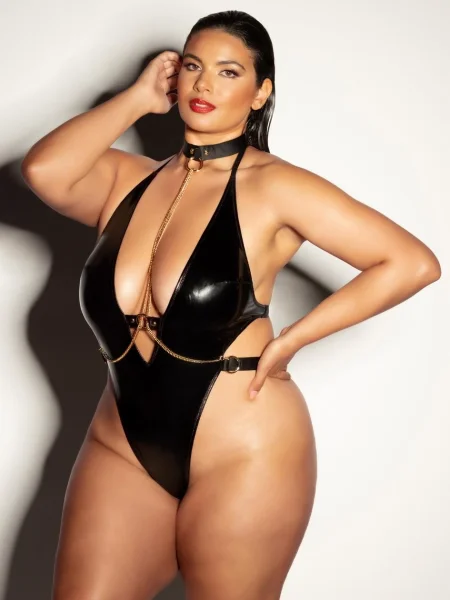 Oh La La Cheri Black Seductive Vinyl Teddy with Cuffs