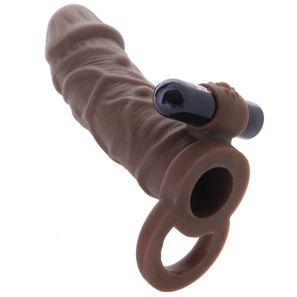 Size Up Silicone Vibrating 1 Inch Realistic Penis Extender With Ball Loop - Chocolate