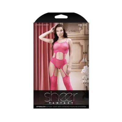 Sheer Afterglow Cutout Teddy With Attached Footless Stockings Berry Pink O s