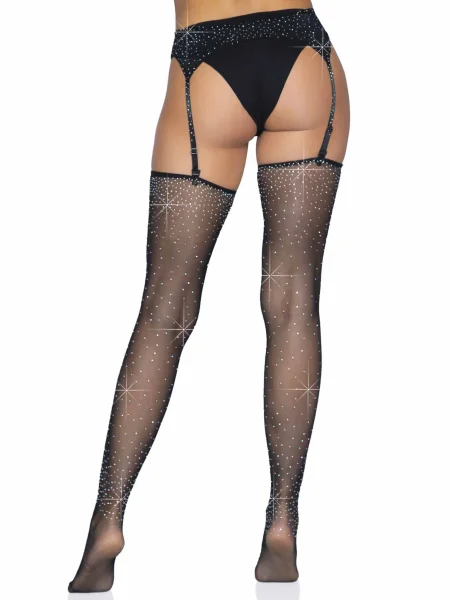 2 Pc. Rhinestone Net Garter Belt and Stockings -  One Size - Black