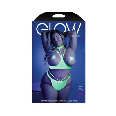 Glow Double Take Strappy Harness Open shelf Bra Cage Thong Neon Lemon Qs