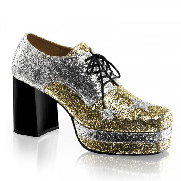 GLAMROCK-02 - 3 1/2" Heel, 1 1/2" Stacked PF,Lace Up Silver Glitter Oxford