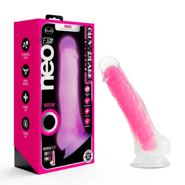 Neo Elite Glow In The Dark Paradise 7.5 In Silicone Cock W/ Balls Neon Pink