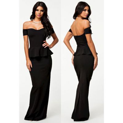 Black Peplum Maxi Dress With Drop Shoulder Black M