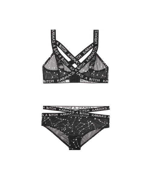 Bra Set With Zodiac Print - Black/Metallic - S/M