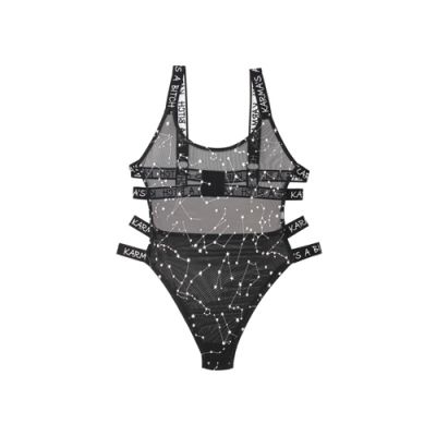 Bodysuit With Zodiac Print Black Metallic M L