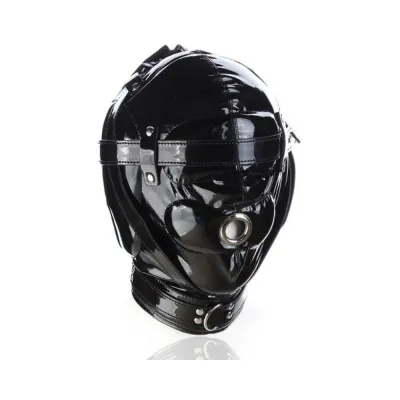 Ple sur Shiny Pleather Locking Deprivation Hood With Single Nose Hole Black