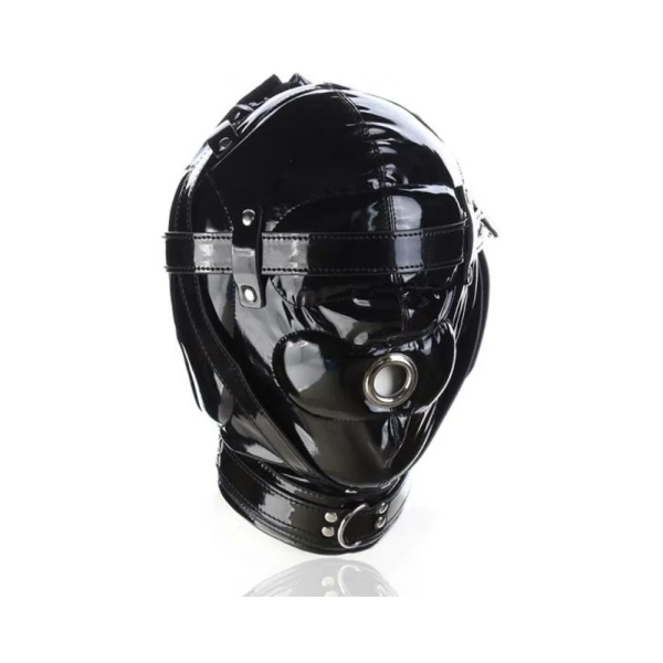 : Ple'sur Shiny Pleather Locking Deprivation Hood With Single Nose Hole Black