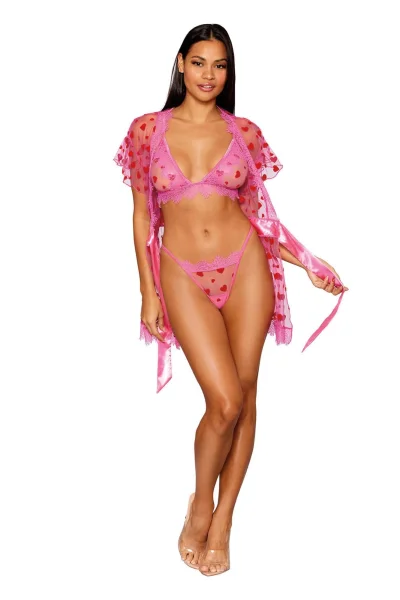 Robe With Bralette and G-String - Small - Peony