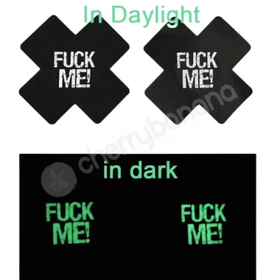 Cherry Banana Fuck Me Glow In The Dark Black Cross Shaped Nipple Pasties 2 Pack