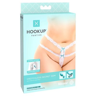 HOOKUP Crotchless Secret Gem White Panty with Gem Butt Plug XL XXL Size