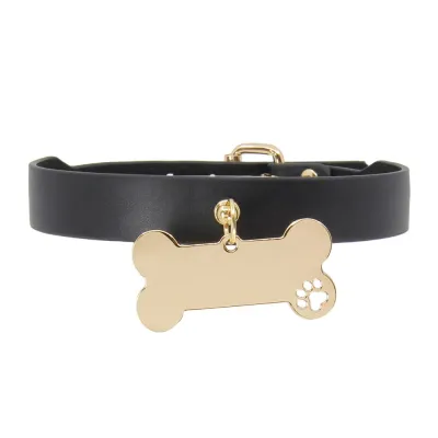 Love in Leather Faux Leather Collar with Engravable Bone Gold