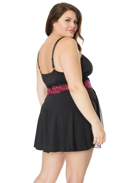 Plus Size Floral Embroidered Black Stretch Babydoll