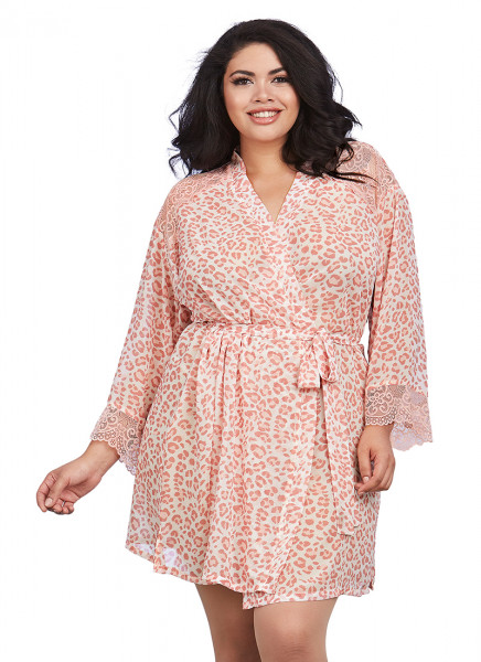Dreamgirl 1X/2X Pink Leopard Print Chiffon Robe with Set-In Belt