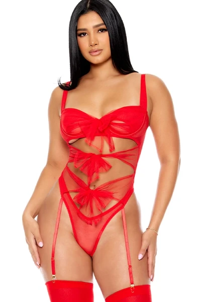Forplay Unwrap Me Red Bow Cutout Teddy with Garters