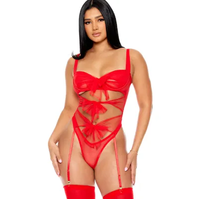 Forplay Unwrap Me Red Bow Cutout Teddy with Garters