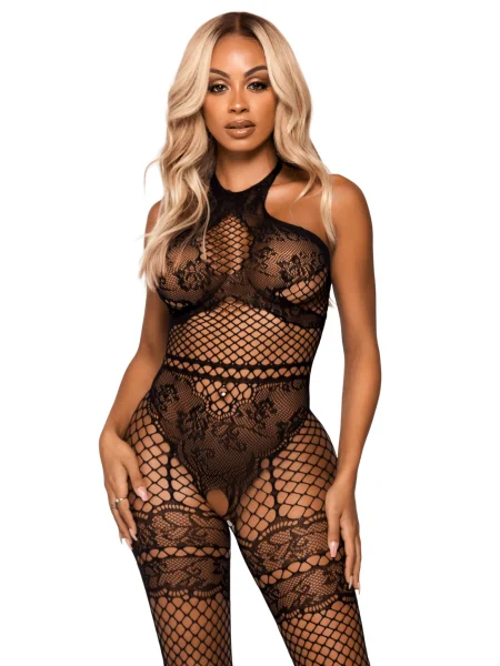 Net and Lace Crotchless Bodystocking - One Size -  Black
