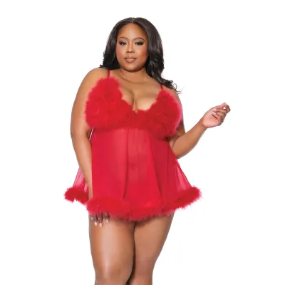 Plus Size Sexy Red Marabou Babydoll