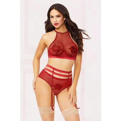 Applique Mesh Bra Set Large Burgundy