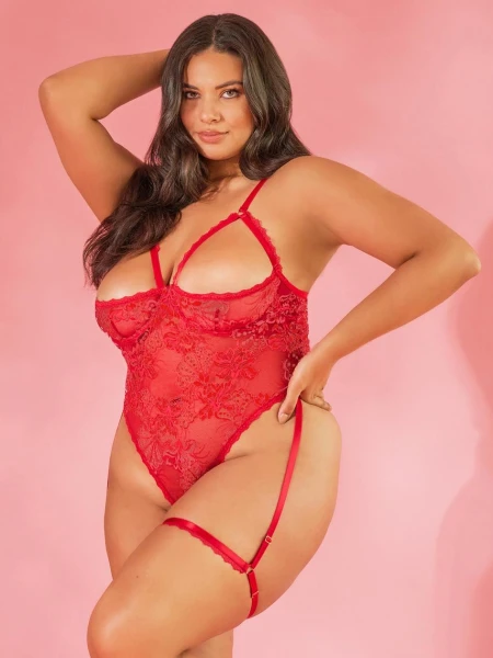Oh La La Cheri Elayne Purple Open-Cup Crotchless Lace Teddy with Garter Straps