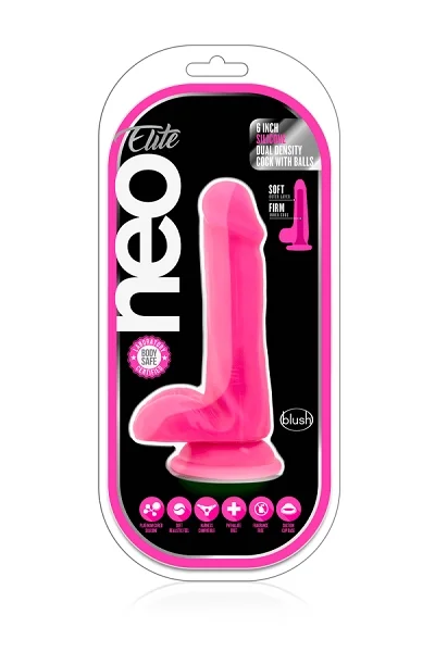 Blush Neo Neon Pink Elite 6 Inch Silicone Dual Density Cock w Balls