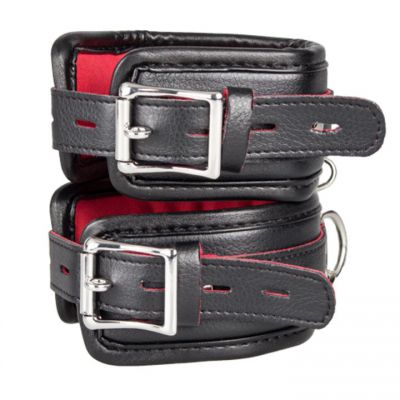 Bondara Black Faux Leather Red Suede Padlocked Ankle Cuffs