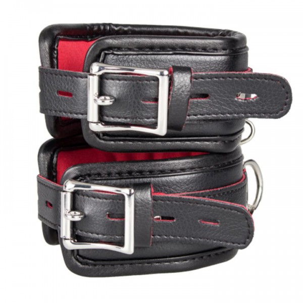Bondara Black Faux Leather Red Suede Padlocked Ankle Cuffs — image 5 of 5