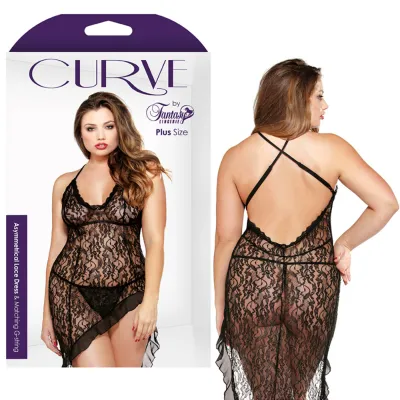 Curve Asymmetric Lace Dress G Black 1X 2X