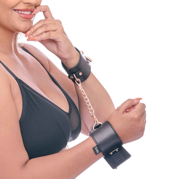 Sex & Mischief Brat Locking Cuffs Set By Sportsheets - Rose Gold & Black