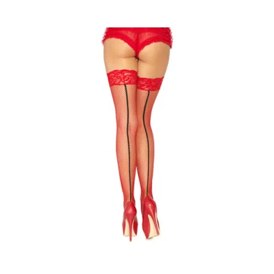 Stay Up Lace Top Back Seam Fishnet Thigh Highs Red Black O S