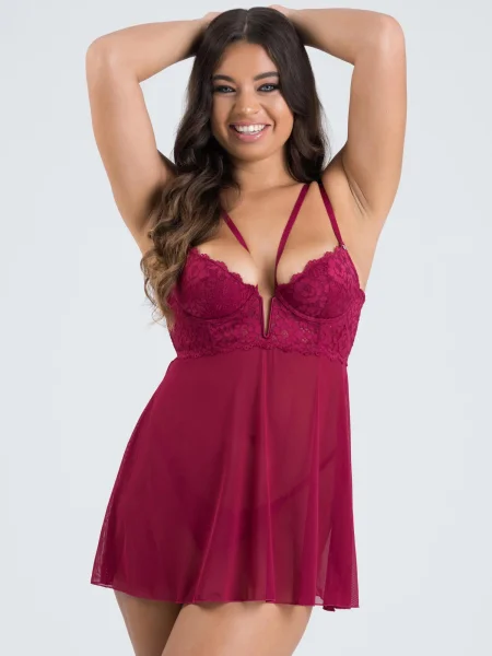 Lovehoney Parisienne Wine Lace Plunge Babydoll Set