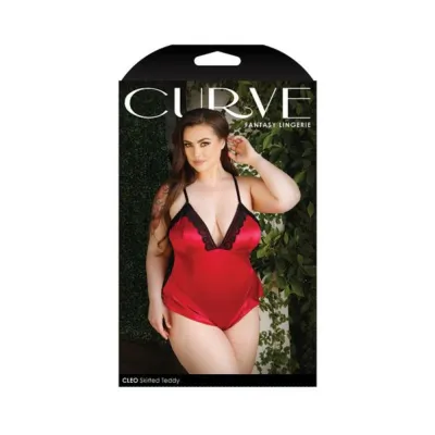Curve Cleo Skirted Teddy With Lace Trim And Snap Closure Red 1x 2x