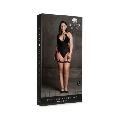 Women s Lingerie Shots Le Desir Shade Metis Xvi Bodysuit With Garters Crossed Neckline Black Queen Size