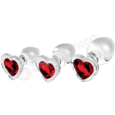 Adam Eve Red Heart Gem Glass Anal Plug 3 Piece Set