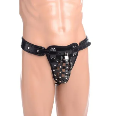 Netted Male Chastity Jock Black Leather O S
