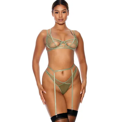 Forplay Mesh Together Sage Green 3 Piece Bra Set with Garter Belt Panty