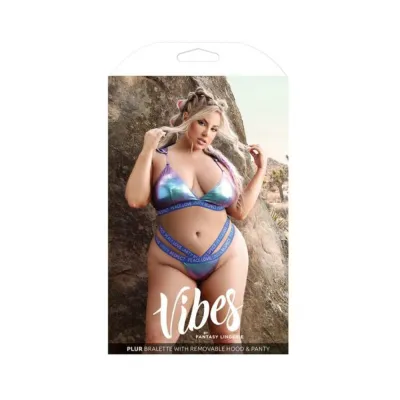 Women s Lingerie Fantasy Lingerie Vibes Plur Holographic Bralette With Removable Hood Panty Aqua Holo Queen Size